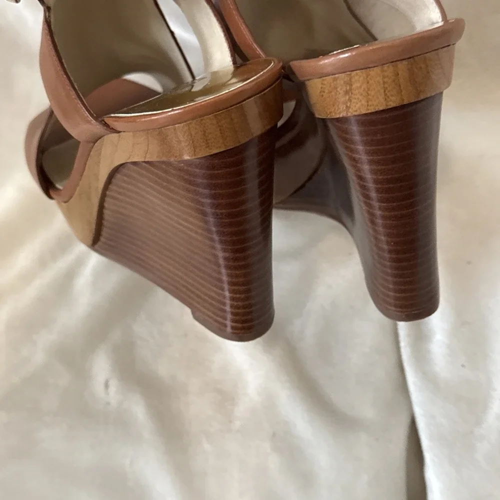 Michael Michael Kors Josephine Wedge Sandals Brown, Platform Woodblock Heel Sz 7
